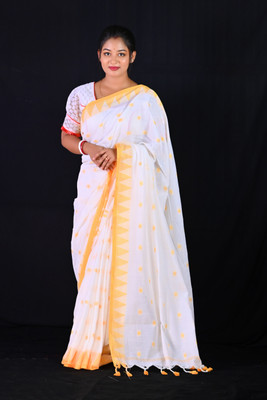 Ahana Textile Woven Handloom Cotton Linen Saree(White)