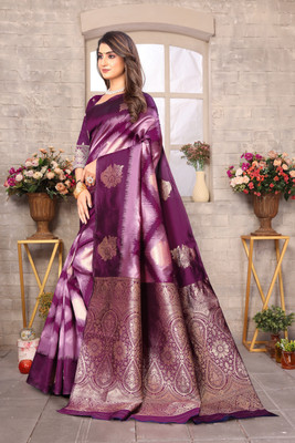 SIDDHESHWAR Self Design Assam Silk Lycra Blend Saree(Purple)