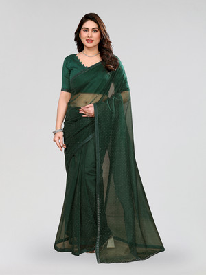 Moda Rapido Solid/Plain Bollywood Net Saree(Dark Green)