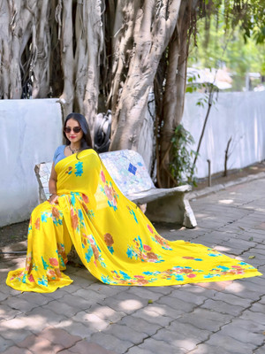 EVERYDAY CREATIONS Printed Bandhani Georgette Saree(Yellow)