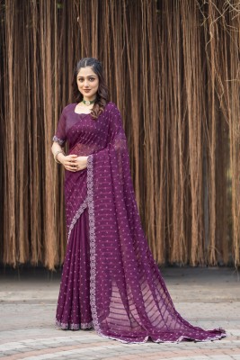 FAIRYPINK Embellished, Geometric Print, Solid/Plain, Self Design, Checkered Bollywood Georgette Saree(Purple)