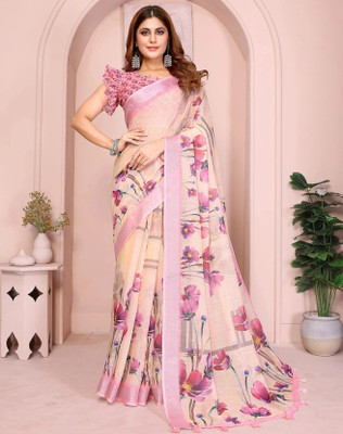 jya Floral Print, Digital Print Bollywood Cotton Linen Saree(Pink)