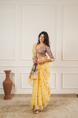Vichitra Woven, Self Design Handloom Pure Cotton, Jacquard Saree(Beige)