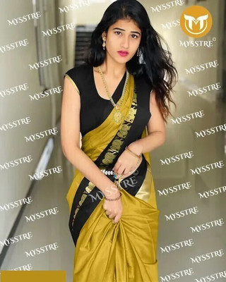 Mysstre Temple Border Banarasi Jacquard, Cotton Silk Saree(Mustard)