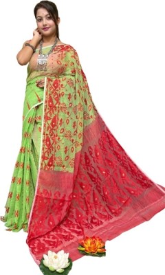 M STORE Printed Jamdani Cotton Silk Saree(Green)