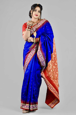 LYANNA Temple Border, Woven Sambalpuri Handloom Silk Blend, Cotton Blend Saree(Blue, Red)