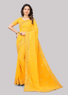 Disha Fashion Embroidered Banarasi Georgette Saree(Yellow)