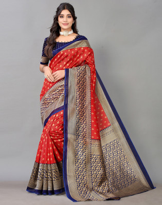 Divastri Printed Banarasi Silk Blend Saree(Red, Dark Blue)