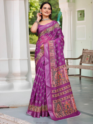 Divastri Printed Hand Batik Cotton Linen Saree(Magenta)