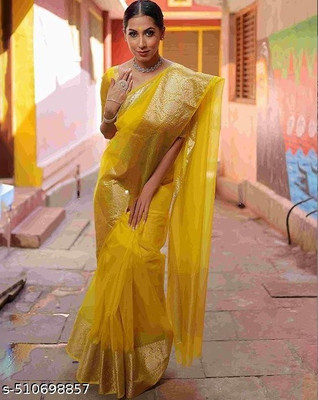 ABCD Woven Banarasi Art Silk Saree(Yellow)