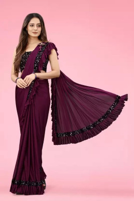aaru creation Solid/Plain Bollywood Lycra Blend Saree(Purple)
