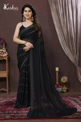 kashvi sarees Embellished, Self Design, Striped Bollywood Satin Saree(Black)