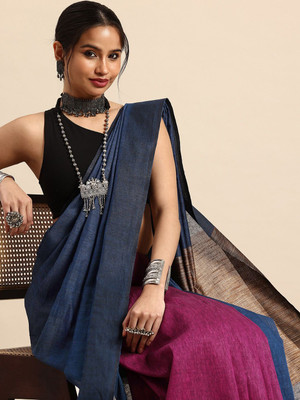 Taavi Self Design Handloom Linen Saree(Blue)