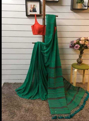 RenukaSaree Self Design Handloom Cotton Blend Saree(Dark Green)
