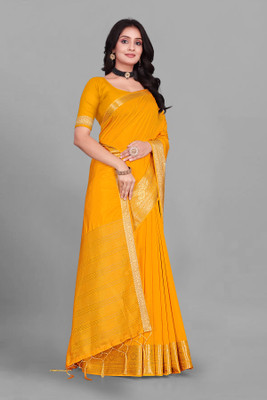 Aarunika SKT Solid/Plain Bollywood Pure Silk Saree(Yellow)