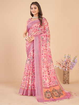 Divastri Printed Daily Wear Linen Saree(Pink)