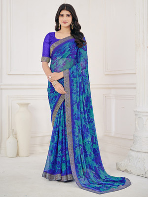 Divastri Floral Print Bollywood Chiffon Saree(Blue)