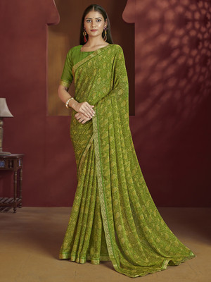 Tasrika Floral Print, Geometric Print, Digital Print, Printed Bollywood Chiffon Saree(Light Green)