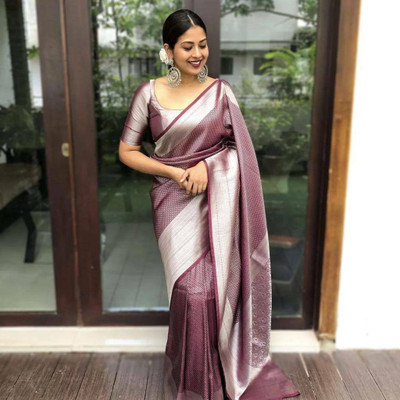 KHANJAN FASHION Floral Print, Geometric Print, Self Design, Woven Banarasi Pure Silk, Jacquard Saree(Brown)