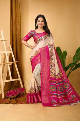 AEDYM Checkered, Floral Print, Printed Kalamkari Cotton Silk Saree(White)