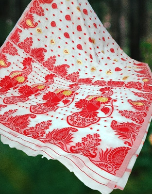 Kanokanjoli Printed Jamdani Handloom Cotton Blend Saree(Red, White)