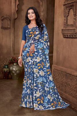 HIYAMI Floral Print Bollywood Georgette Saree(Blue)