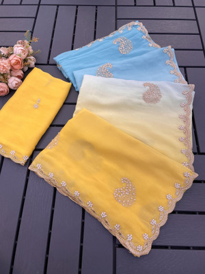 Ethina Fashion Embellished Bollywood Georgette Saree(Yellow, Light Blue)