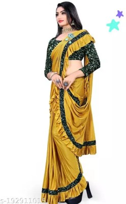 PLEXSTAR Self Design, Checkered, Solid/Plain Bollywood Lycra Blend Saree(Yellow)