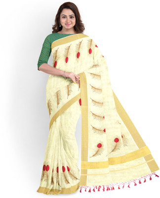 Chithra Fabrics Printed Kasavu Tissue Saree(Beige)