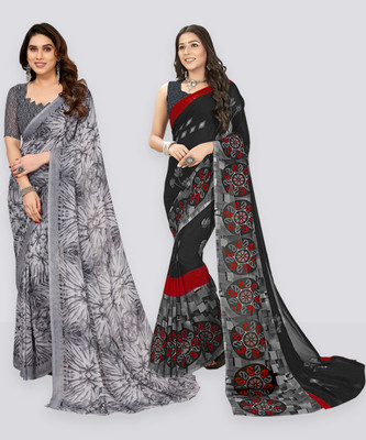 Anand Sarees Floral Print, Polka Print, Ombre, Printed Bollywood Georgette Saree(Pack of 2, Black, Grey)