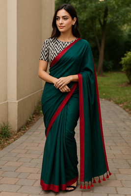 SMRITI CREATION Printed Tant Handloom Cotton Blend Saree(Green)