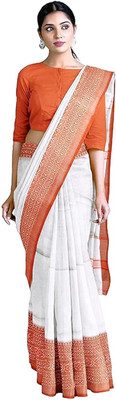 SSK Striped, Checkered, Temple Border Bollywood Handloom Pure Cotton Saree(White)