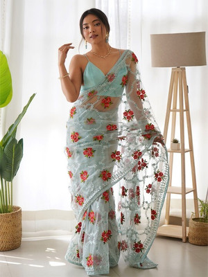 ANOUK Embroidered Daily Wear Net Saree(Blue)