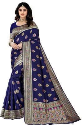 fFASHION Woven Banarasi Pure Silk, Art Silk Saree(Dark Blue)