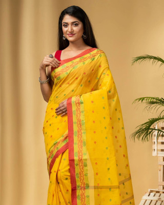Desh Bidesh Woven, Solid/Plain, Striped Handloom Handloom Pure Cotton, Cotton Blend Saree(Yellow)