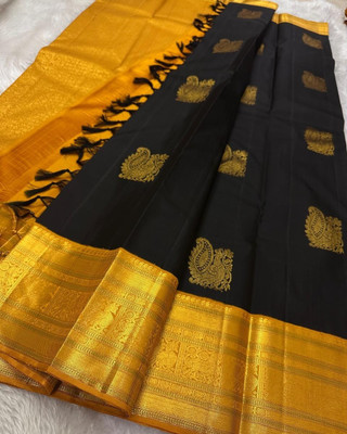 MIRMAN Striped Banarasi Pure Silk Saree(Black)