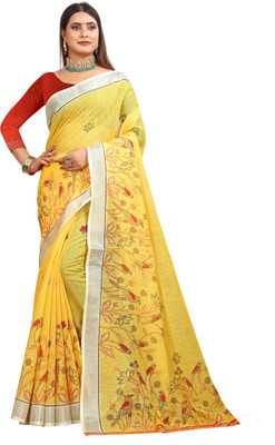 HouseOfCommon Printed Kanjivaram Pure Cotton, Cotton Linen Saree(Yellow)