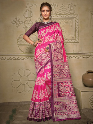 Divastri Printed Ikkat Art Silk Saree(Pink)