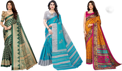 YASHIKA Woven Kasavu Art Silk Saree(Pack of 3, Dark Green, Grey, Blue, Yellow)