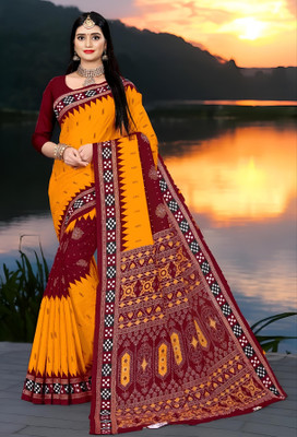 HouseOfCommon Printed Sambalpuri Pure Cotton Saree(Yellow, Red)
