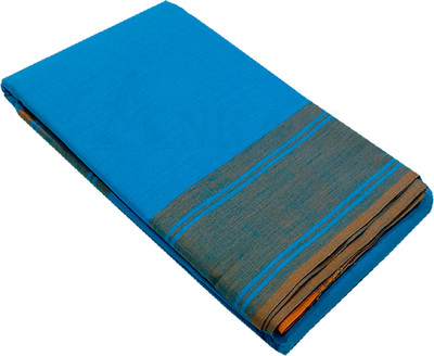 The Anka's Solid/Plain Handloom Pure Cotton Saree(Blue)