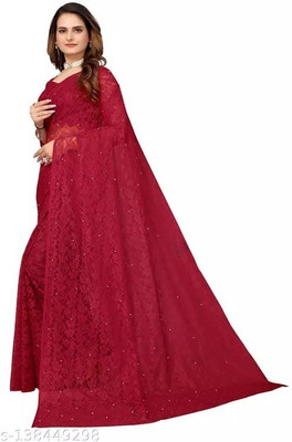 NORAFLEX Embroidered Bollywood Net Saree(Maroon)