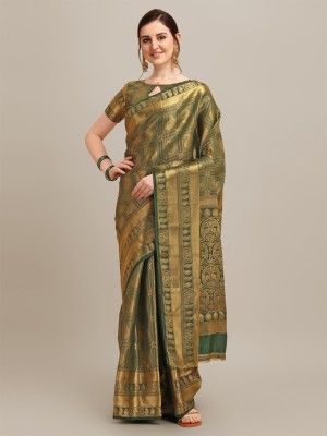 Divastri Printed, Woven, Self Design Banarasi Cotton Silk Saree(Light Green)