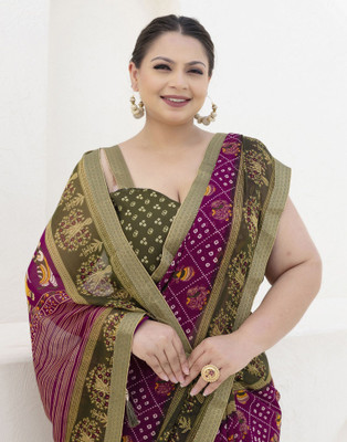 Samah Printed, Embellished Bandhani Chiffon, Georgette Saree(Green, Purple)
