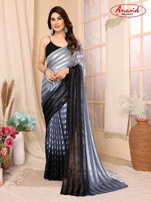 Anand Sarees Striped, Ombre, Printed Bollywood Satin Saree(Grey, Black)