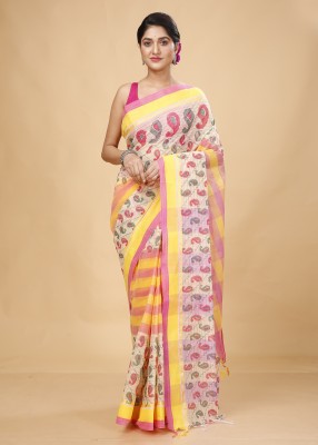 Happy Creation Printed Tant Handloom Cotton Blend Saree(Pink, White)