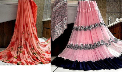 Sitanjali Floral Print Daily Wear Georgette Saree(Pack of 2, Red)