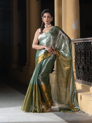 shringaar Self Design Handloom Tissue Saree(Green)