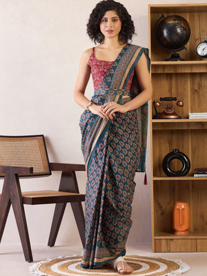 Anouk Rustic Printed Pre Draped Saree Cotton Blend Saree(Blue)