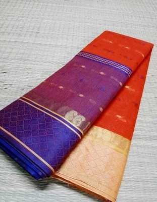p fashion Self Design, Color Block Tant Pure Cotton Saree(Orange)